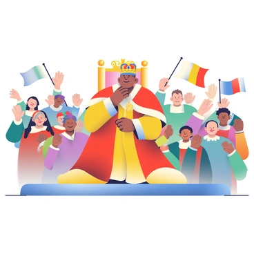 A new monarch, adorned in a lavish gold and crimson robe, is kneeling on a grand platform during a coronation ceremony. The monarch is wearing an ornate crown embellished with jewels, and their head is slightly bowed in humility. Surrounding the platform, a diverse crowd is cheering enthusiastically, raising their hands and waving flags. The crowd is dressed in a mix of historical and contemporary attire, with expressions of joy and admiration. Banners and flags in vibrant colors are displayed throughout the scene, fluttering in the breeze. Behind the monarch, a beautifully decorated throne stands prominently, adorned with intricate designs and plush cushions. The atmosphere is filled with excitement and celebration.