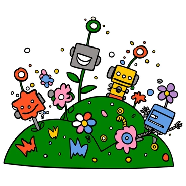 A vibrant wonderland filled with various friendly robots of different shapes and sizes. The robots have cheerful expressions and are interacting playfully with one another. Mechanical flowers with colorful petals are scattered throughout the landscape, each flower swaying and dancing in a rhythmic manner. The scene is bright and lively, with greenery and playful designs enhancing the whimsical atmosphere. The robots and flowers create a sense of harmony and joy in this enchanting environment.