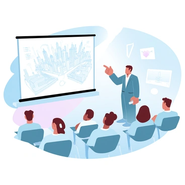 A classroom setting is depicted, showcasing a large chalkboard filled with complex perspective drawings. On the board is a detailed cityscape featuring tall skyscrapers, narrow streets, and various architectural styles. A teacher is standing beside the board, pointing towards a specific section of the drawing with a piece of chalk in hand. The classroom is filled with desks and students seated, all focused on the lecture. The walls are adorned with additional art and drawing materials, enhancing the educational atmosphere.