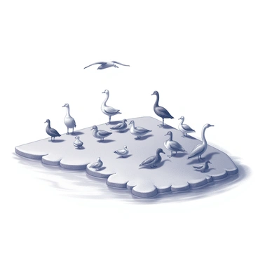 A small island surrounded by water. Various species of water birds are gathered on the sandy shore and in the shallow waters. A group of ducks is floating peacefully, while a couple of herons stand tall near the edge, their long necks elegantly bent. Several seagulls are perched on the rocks, with some taking flight above the island. A few swans are gliding gracefully across the water's surface. The scene captures the tranquility of nature and the diverse interactions among the birds as they coexist in this environment.