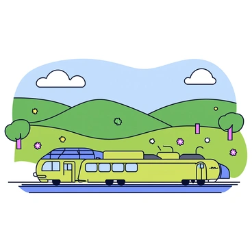 A sleek solar-powered train with a streamlined design is traveling along a set of tracks. The train is painted in a bright green color with reflective solar panels on its roof. It is speeding through a picturesque countryside that features rolling green hills dotted with colorful wildflowers. There are a few trees scattered along the landscape, and a clear blue sky overhead with fluffy white clouds. The train is leaving a subtle trail of dust behind as it moves swiftly.