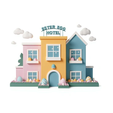 A quirky hotel building with a whimsical design, featuring brightly colored exterior walls. Each room's window displays a unique Easter egg theme, showcasing vibrant patterns and colors. One room has polka dots, another has stripes in pastel hues, while a third room features floral designs. The entrance of the hotel is adorned with large, decorative Easter eggs placed around vibrant flower beds. A sign above the entrance reads "Easter Egg Hotel" in playful lettering. The scene is set under a clear blue sky, with a few fluffy clouds drifting by.
