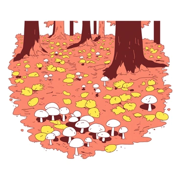 A forest floor is covered with a thick layer of orange and yellow fallen leaves. Among the leaves, there are clusters of small white mushrooms peeking through. The mushrooms have delicate, rounded caps and slender stems. Sunlight filters through the trees above, casting soft shadows on the vibrant colors of the leaves and mushrooms. In the background, there are tall trees with rough bark, their trunks partially hidden by the foliage.