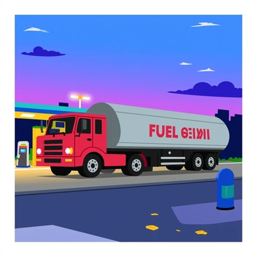 A large fuel tanker truck with a shiny metallic surface is parked at a gas station. The truck features bold lettering on its side that reads "Fuel Delivery." The gas station is illuminated by bright lights, casting a warm glow on the surroundings. A few gas pumps are visible in the foreground, each with colorful branding. The sky is transitioning into twilight, showcasing a gradient of deep blue and purple hues. Soft clouds hover, reflecting the last light of the day. Small details like a nearby trash can and a few scattered leaves on the pavement add to the scene's realism.