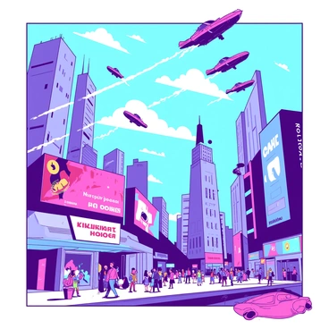 A futuristic city set with flying cars, holographic advertisements, and sleek, towering buildings