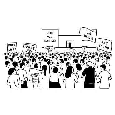 A large crowd of people is gathered at a political rally, many of them are raising various flags and signs. The signs display slogans and messages written in bold text. Several individuals in the front row are wearing hats and shirts representing their political affiliation. Some people are energetically cheering, while others are engaged in conversation. In the background, a stage is set up with speakers and banners, and the crowd extends outward, creating a sense of unity and enthusiasm.