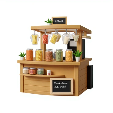 A charming pasta kiosk constructed from warm wood, featuring an assortment of fresh pasta shapes displayed prominently in clear glass containers. The pasta includes fettuccine, spaghetti, farfalle, and penne, each in vibrant colors. Various sauces are neatly arranged in labeled glass jars, showcasing options like marinara, pesto, and alfredo. The kiosk is adorned with decorative herbs and sprigs of basil, adding a touch of freshness. A small chalkboard sign displays the words "Fresh Pasta Daily" in an inviting font.