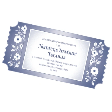 A rectangular wedding invitation designed to resemble a ticket. The edges of the invitation are adorned with intricate floral patterns, featuring various types of flowers and delicate leaves. The main body of the ticket includes elegant typography announcing the wedding details, such as the names of the couple, date, time, and location of the event. The overall layout is symmetrical, with a floral border framing the text. The background has a subtle texture enhancing the elegant feel of the design.