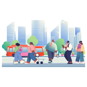 A group of diverse individuals is walking along a bustling sidewalk in a busy downtown area filled with tall skyscrapers. Some people are wearing business attire, while others are dressed casually. A woman with curly black hair is pushing a stroller, and a man with a backpack is checking his phone. In the background, there are several skyscrapers with glass facades reflecting sunlight. A bright red city bus is stopping at a nearby bus stop, and bicycles are parked along the curb. The street is lined with small trees and colorful flower planters.