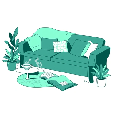 A teal living room features a large couch covered in various colorful slipcovers and cushions. The couch is positioned against a light-colored wall, and there are several cushions in different patterns and colors scattered on it. In front of the couch, there is a small white coffee table topped with a steaming cup of tea and an open book. A warm, inviting rug lies beneath the coffee table, complementing the overall cozy atmosphere of the room. Various houseplants are arranged in the corners, adding a touch of green to the vibrant setting.