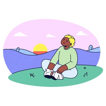 A person sitting cross-legged on a grassy hilltop. The person has a serene expression and is wearing loose, comfortable clothing. In the background, the sun is rising, casting a warm orange and yellow glow across the horizon. The sky is painted with soft hues of pink and blue, and there are a few wispy clouds. The hilltop is surrounded by gentle slopes and a few distant trees.