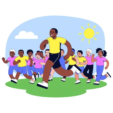 Usain Bolt is depicted running across a grassy field, his athletic build showcasing his speed and energy. He is wearing a bright yellow athletic shirt and black shorts. Surrounding him, a group of excited children is running alongside him, all wearing colorful t-shirts and shorts. The children range in age and diversity, all displaying expressions of joy and enthusiasm. Some children are laughing, while others are cheering. The sun is shining brightly, and there are a few fluffy white clouds in the blue sky above.