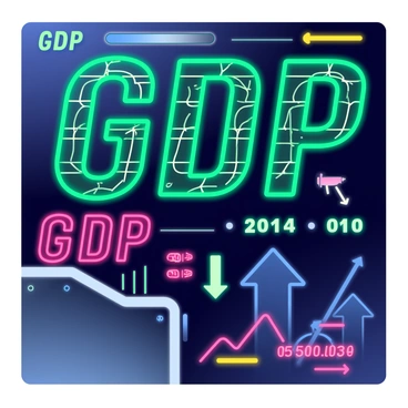 A digital stock ticker is prominently displayed, showcasing fluctuating GDP figures in bright neon colors. The numbers are large and bold, with greens, pinks, and blues flashing in rapid succession. Each figure glows with a luminous outline, enhancing visibility against a dark background. Graphical indicators for rising and falling trends are shown alongside the numbers, with arrows pointing upward and downward in contrasting colors. The overall composition features a futuristic interface, with a sleek design and animated elements that draw attention to the changing values.