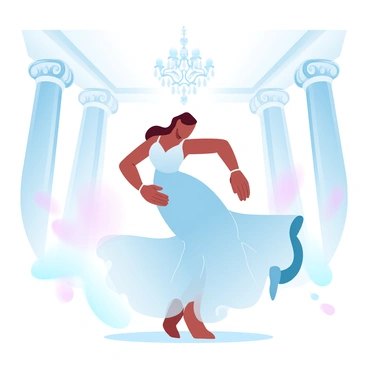 A graceful figure is dancing in a grand ballroom, the elegance of the scene radiating around them. The figure is wearing a flowing flounce gown that drapes beautifully with each movement. The gown has layers that swirl and create a soft cascade, catching the light as it moves. The ballroom features ornate architectural details, including tall columns and intricate moldings. Soft pastel colors fill the space, enhancing the ethereal atmosphere. Chandeliers hang from the ceiling, their crystals sparkling above the dancing figure.