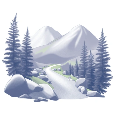 A winding mountain path stretches through a rugged landscape. The path is flanked by tall ferns, their delicate fronds swaying gently in the breeze. In the background, steep mountain peaks rise sharply against the sky, while patches of rocky terrain and lush greenery can be seen. The scene captures the natural beauty and tranquility of the mountains, with details of the textured ground and the intricate patterns on the fern leaves.