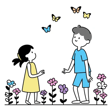 A boy, approximately eight years old, with short brown hair, wearing a light blue shirt and shorts, is standing in a lush garden filled with various flowers. Next to him, a girl with long black hair tied in a ponytail is wearing a yellow dress. They are both gazing up in awe, watching a variety of colorful butterflies, including blue, orange, and yellow ones, as they flutter around the blooming flowers. The garden is vibrant with blossoms in shades of pink, red, and purple, creating a lively atmosphere.