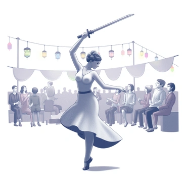 A dancer is performing with a sword held high in one hand. She wears a flowing costume that accentuates her movements. The dancer is in mid-pose, with one leg extended elegantly behind her. Spectators in the background are watching intently, surrounded by various decorative banners and colorful lanterns strung overhead. Some participants are engaged in other activities typical of a festival, such as playing instruments or interacting with one another. The overall atmosphere is lively and enchanting.