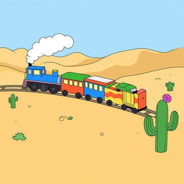 A colorful cartoon train with a bright blue engine and multicolored carriages is traveling across a vast desert landscape. The train is puffing out whimsical clouds of smoke, which rise into a clear blue sky. Surrounding the train are rolling sand dunes that vary in shades of golden yellow and light brown. Scattered throughout the scene are tall green cacti with long arms, some with vibrant flowers blooming on top. The train's wheels are shown chugging along a winding track that cuts through the sandy terrain, creating a playful atmosphere.