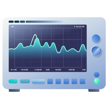 A close-up view of an oscilloscope screen displaying a fluctuating AC waveform. The waveform is represented as a series of smooth, undulating peaks and troughs in a bright blue color against a dark screen. The grid lines are visible on the screen, with horizontal and vertical lines marked in white for accuracy. There are labels on the screen indicating voltage levels and time intervals in clear white font. The surrounding frame of the oscilloscope is metallic gray, with various buttons and knobs visible, adding to the technical appearance of the equipment.