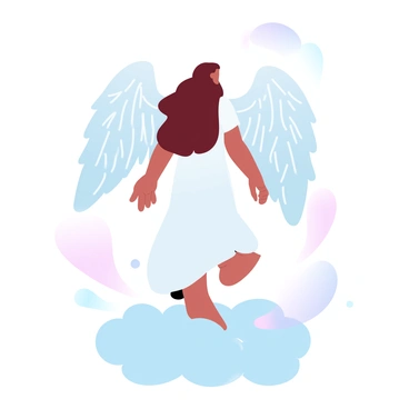 A person with angelic wings emerging from their back, standing on a cloud