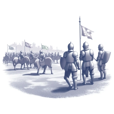 A historical battlefield scene featuring several knights in armor preparing for battle. The knights are wearing full suits of armor, some with crest-decorated helmets, while others are adjusting their shields and swords. In the background, there are banners displaying various emblems fluttering in the wind. The ground is uneven, covered with patches of grass and dirt, and there are faint outlines of charging horses and soldiers gathered in formation. A distant view of a castle can be seen on a hill, adding to the historical context of the scene.