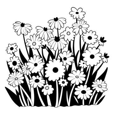 A large arrangement of "poppies" interlaced with "daisies" and "cornflowers" filling the foreground of a garden. The "poppies" have delicate petals, surrounded by the cheerful "daisies" with their round white petals and yellow centers. The "cornflowers" with their distinct shape create a vibrant contrast among the other flowers. The garden is lush, with greenery providing a backdrop to the colorful arrangement of flowers.
