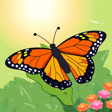 A colorful butterfly with vibrant orange and black wings is perched on a green leaf. The butterfly is in the process of stretching its wings wide open, revealing intricate patterns on its delicate wings. The early morning sunlight casts a warm glow, creating soft highlights on the butterfly’s wings and illuminating the surrounding dew-covered grass. The background features a hint of a colorful garden with blooming flowers, enhancing the lively scene.