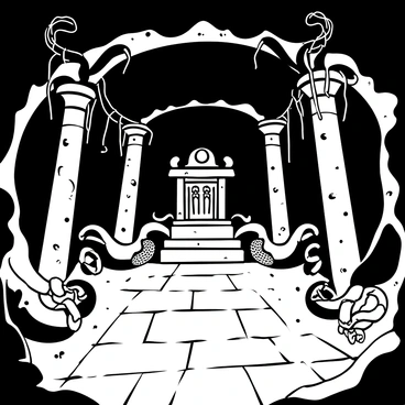 An expansive underground chamber filled with large stone serpent statues coiling around the columns. The floor is made of rough stone tiles, some cracked and worn. Shadows loom in the corners, creating a dark and mysterious ambiance. Stalactites hang from the ceiling, and faint echoes can be heard throughout the space. A large stone altar sits centrally, adorned with intricate carvings. Cobwebs cling to the corners of the chamber, adding to the eerie atmosphere.