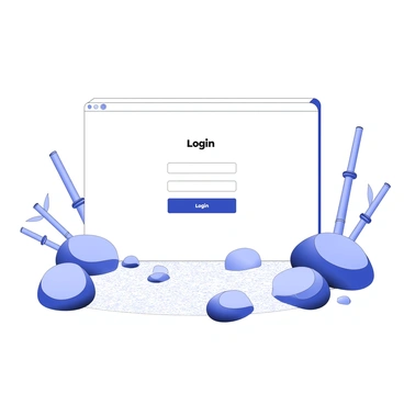 A login page is displayed, designed to resemble a zen garden. Smooth stones are arranged artfully across the bottom part of the screen, showcasing various sizes and shapes. A raked sand pattern surrounds the stones, creating a sense of calm. At the center, there is a rectangular login form with space for a username and password. Above the form, the title "Login" is prominently displayed. To the sides, subtle elements like bamboo shoots add to the tranquil theme. The overall composition evokes a peaceful and serene atmosphere.