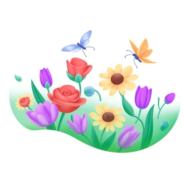 A vibrant garden filled with an array of colorful flowers, including red roses, yellow daisies, and purple tulips. Butterflies in various hues, such as orange, blue, and yellow, are fluttering among the blooms. The garden is lush and well-kept, with green leaves providing a rich backdrop to the vivid colors of the flowers. A gentle breeze stirs the petals, adding dynamic movement to the scene.