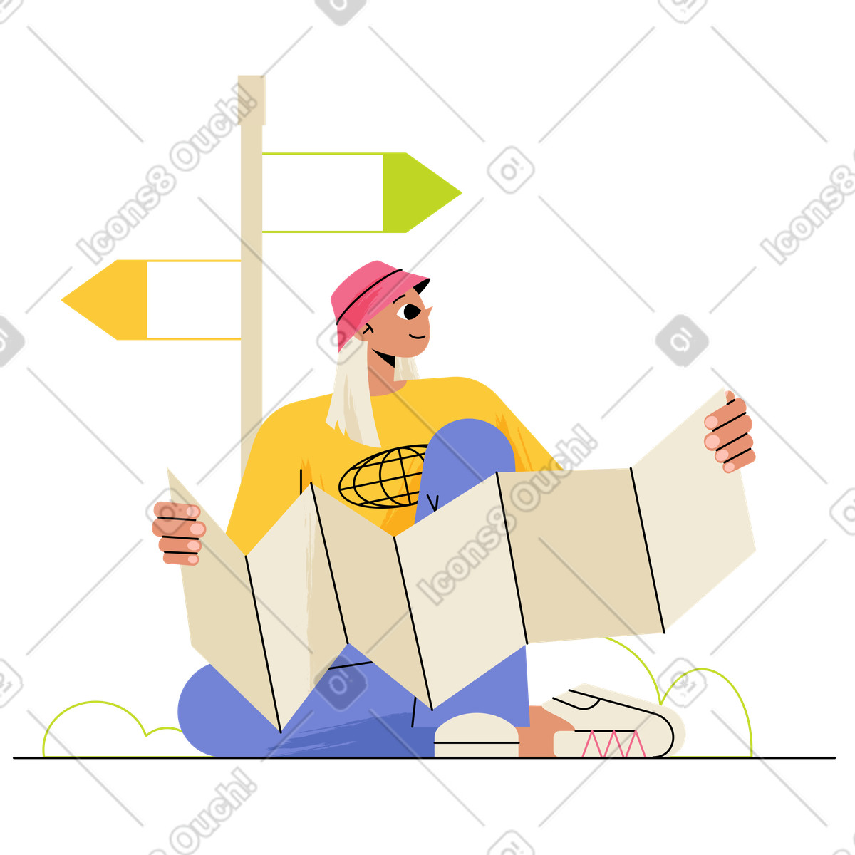 Juicy 스타일의 Seated explorer reading paper map at crossroads, Trip planning and finding direction 일러스트레이션 PNG, SVG 다운로드