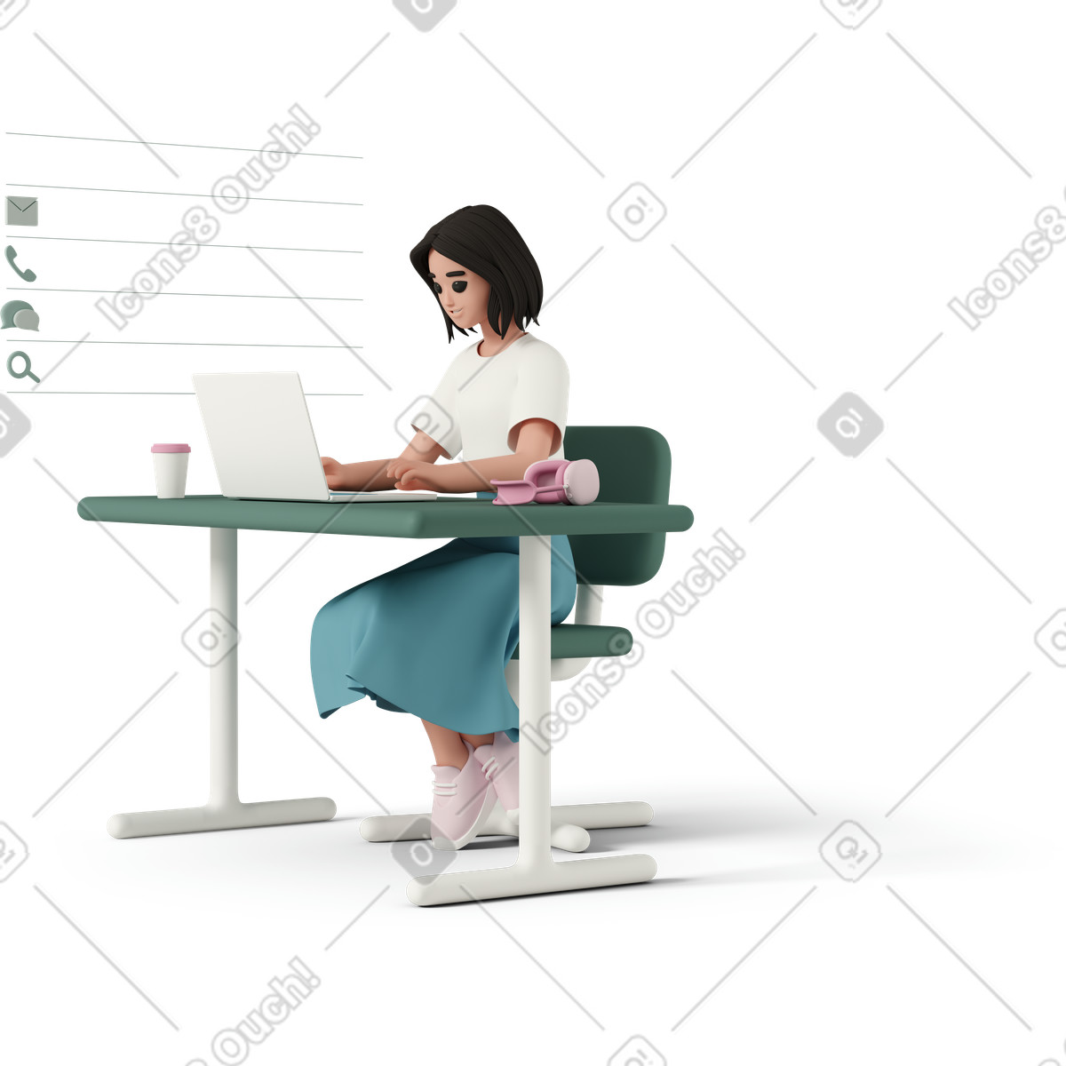 Woman working at laptop illustration in 3D Casual life style download in PNG, SVG