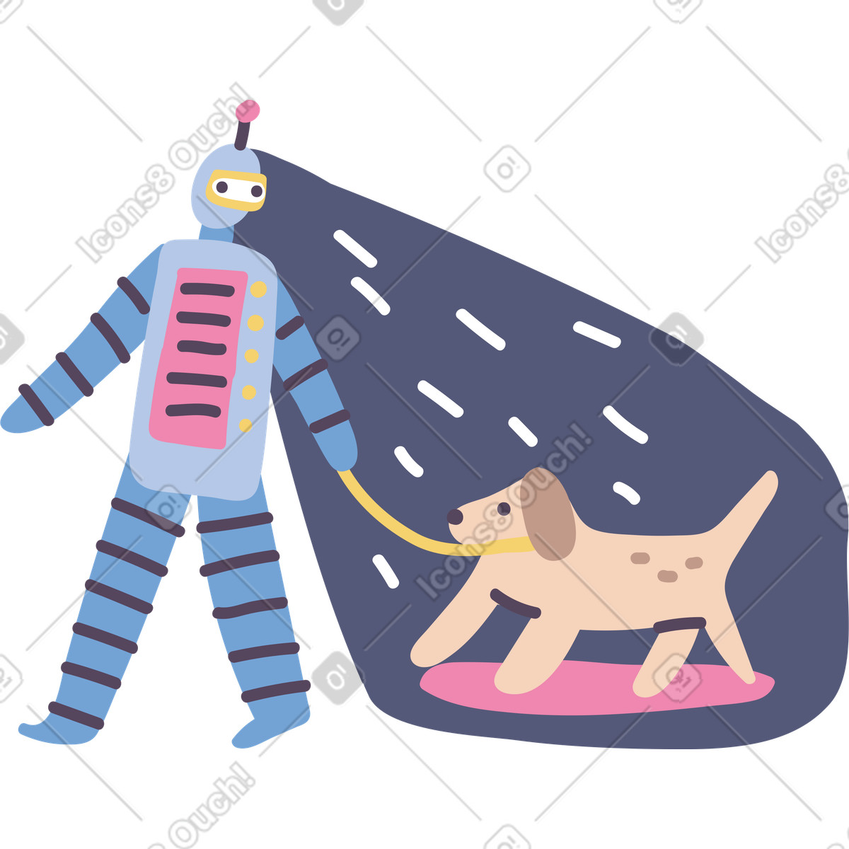 Robot walking a dog in augmented reality illustration in Pluto style download in PNG, SVG