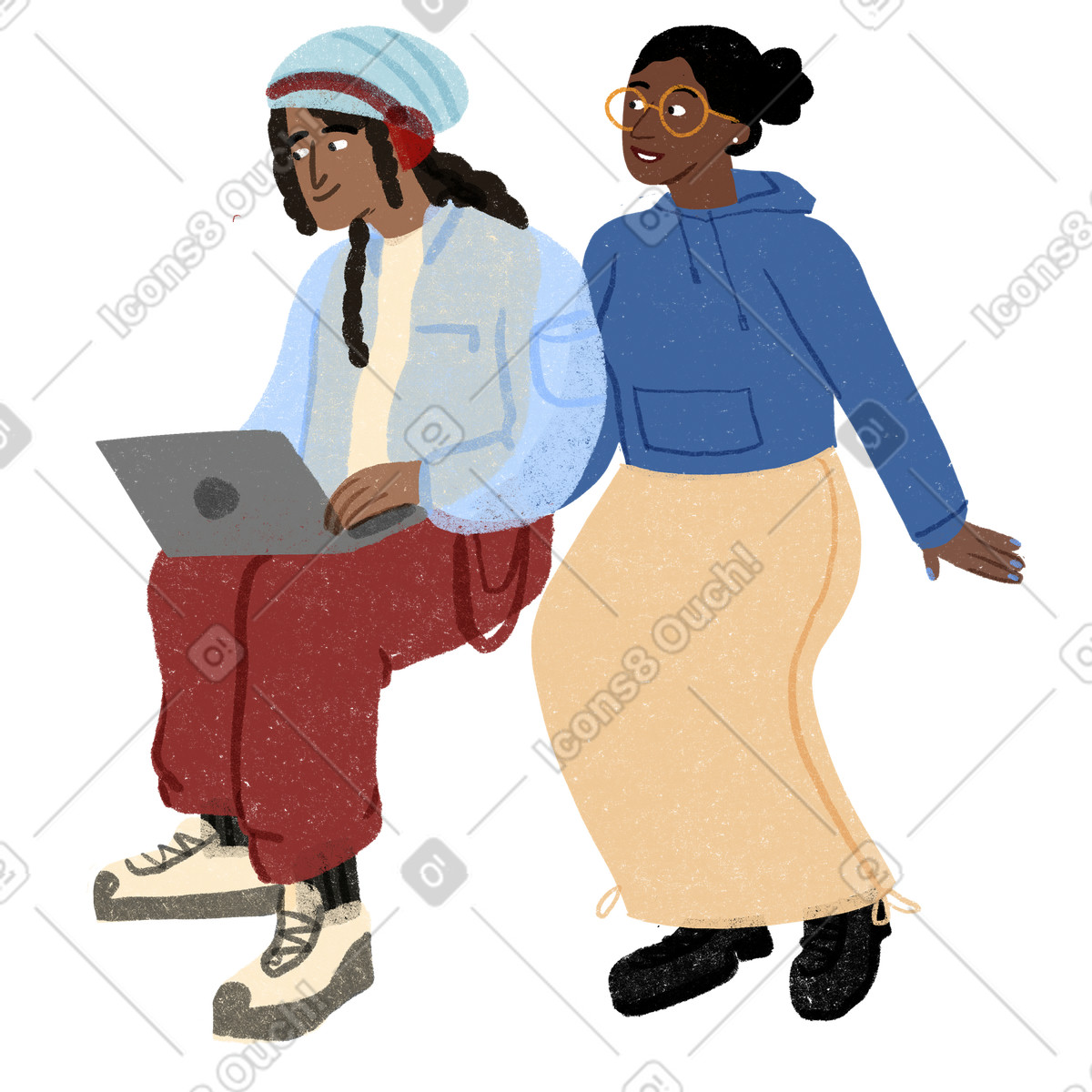 Woman talking to a man with laptop illustration in Public style download in PNG, SVG