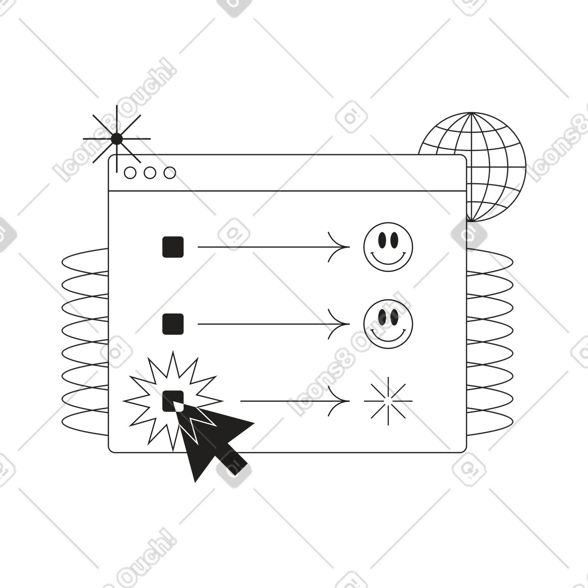 Browser window with emoticons and arrows elements illustration in Tokyo style download in PNG, SVG