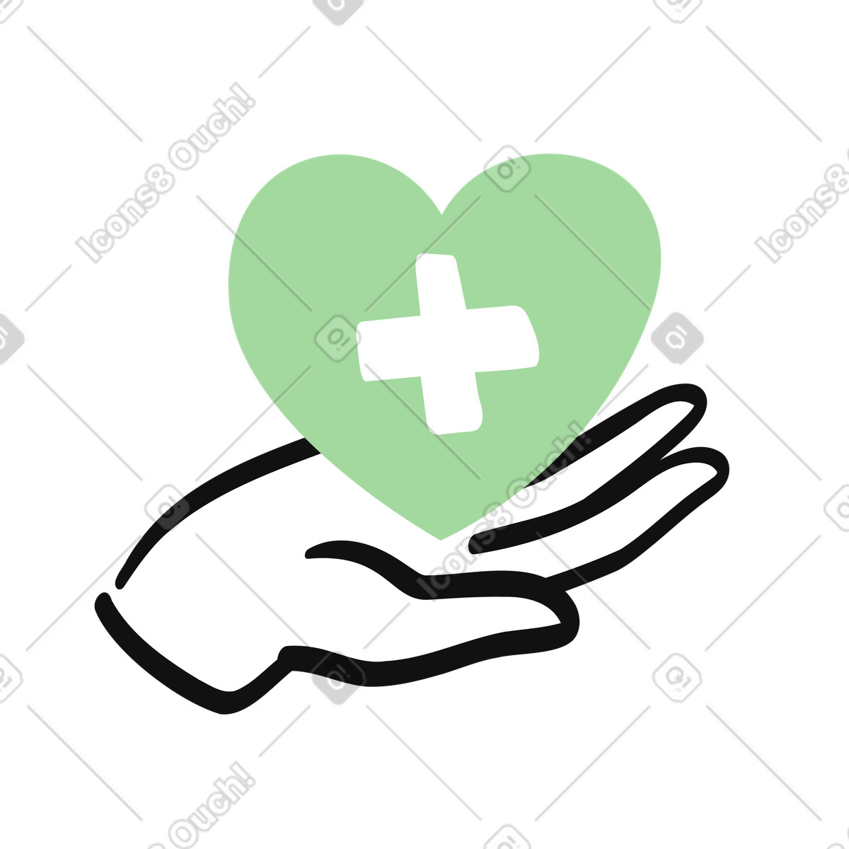 Illustration Healthcare heart with medical cross supported by caring open hand dans le style Organic à télécharger aux formats PNG, SVG