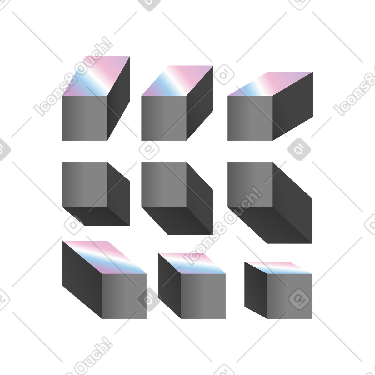 Nine abstract blocks in grid pattern, Geometric layout illustration Illusion style download PNG, SVG