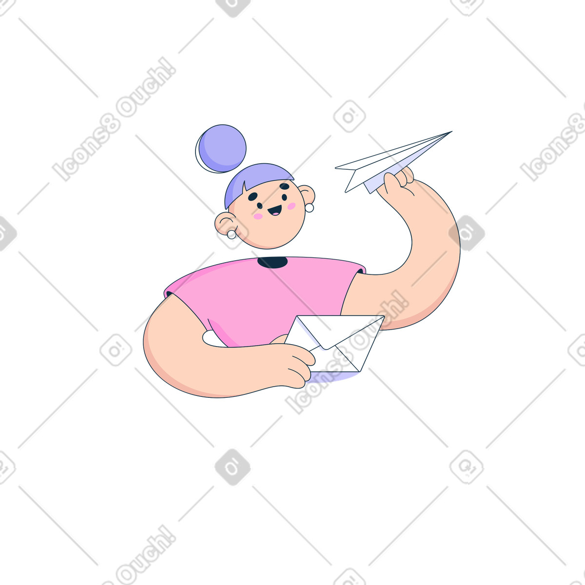 Lettera della holding donna e aeroplano di carta lancio illustrazione in stile Bubble gum scarica in PNG, SVG