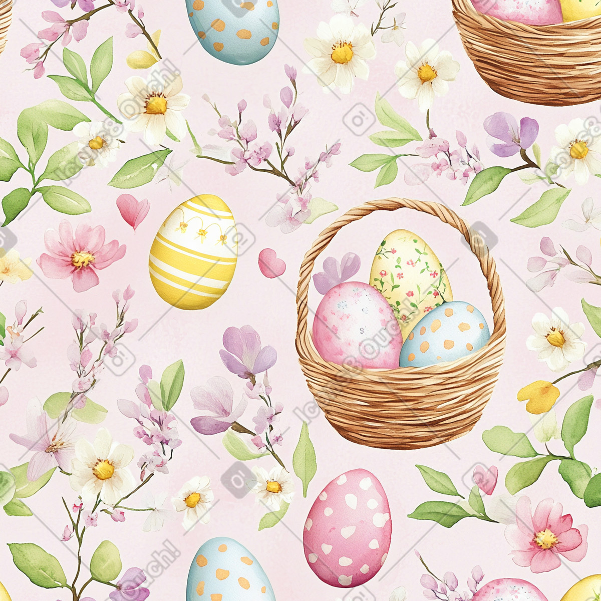 Pattern with watercolor easter eggs and flowers illustration in Postcards style download in PNG, SVG