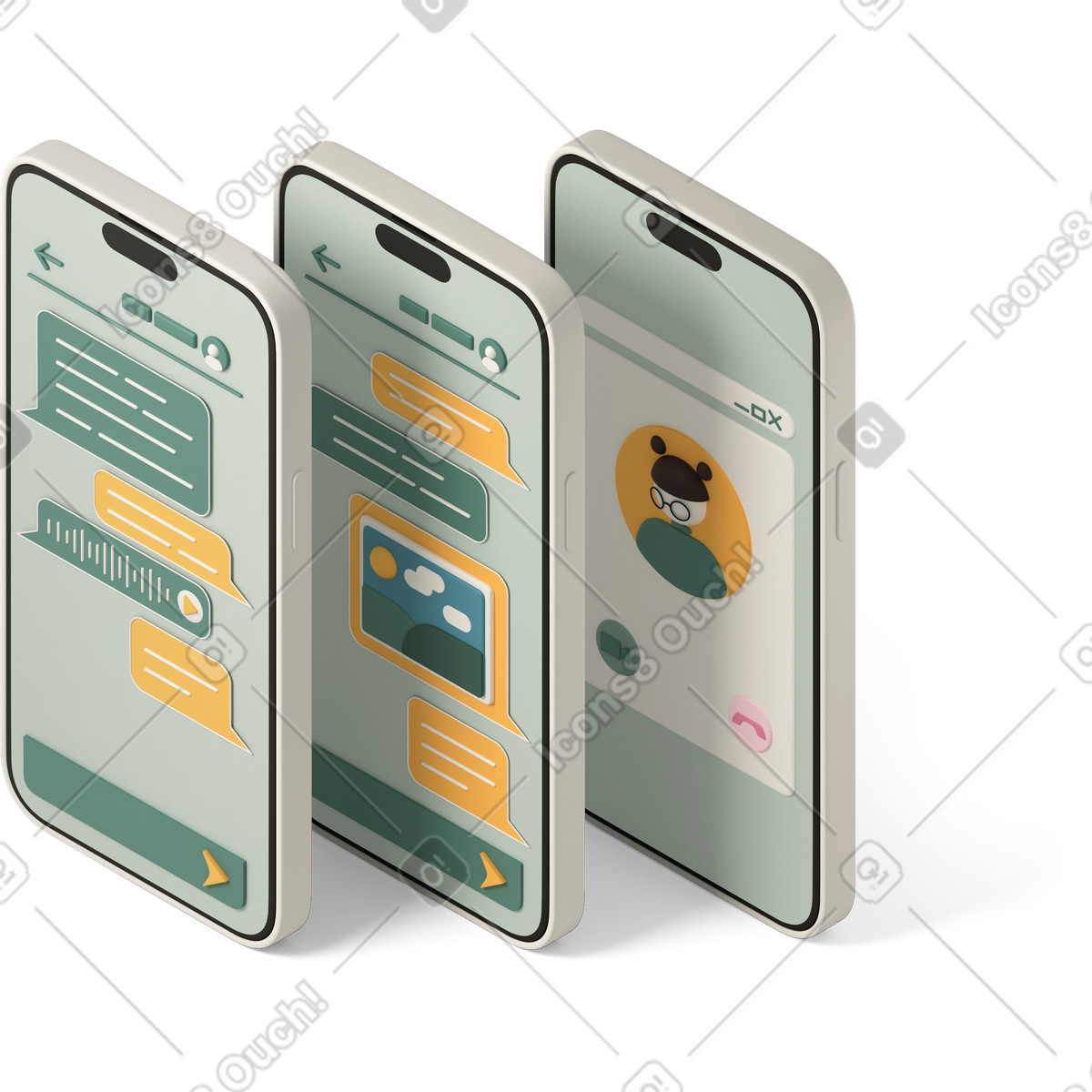 下载 3D Casual life 风格的 Isometric view of three smartphones 插画，支持 PNG、SVG 格式