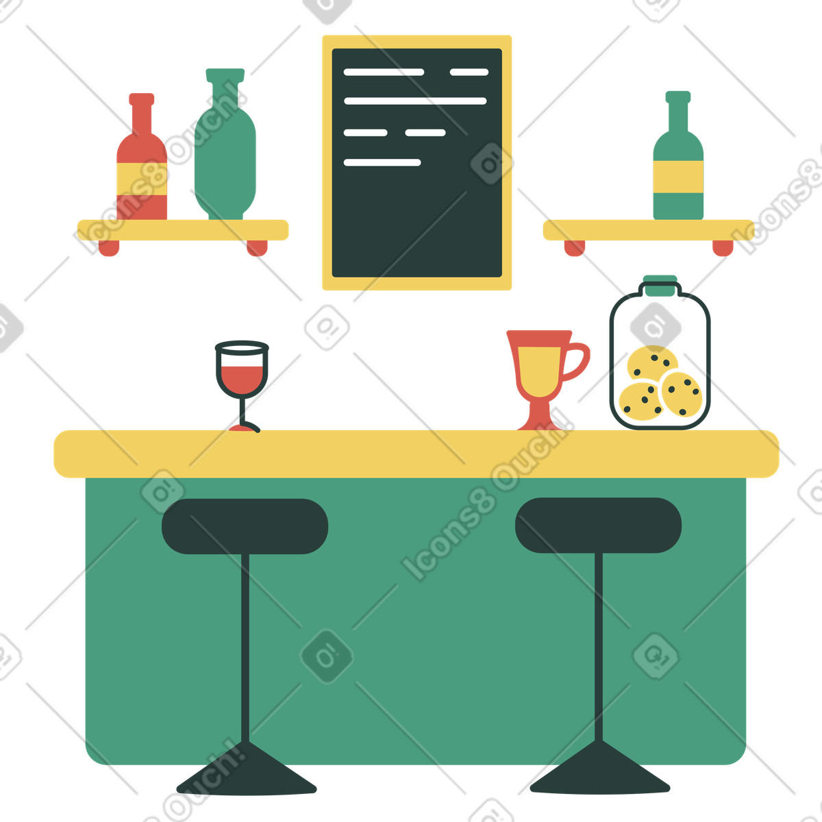 Ilustración Barra de bar con bebidas alcohólicas. en estilo Macaroni a descargar en PNG y SVG