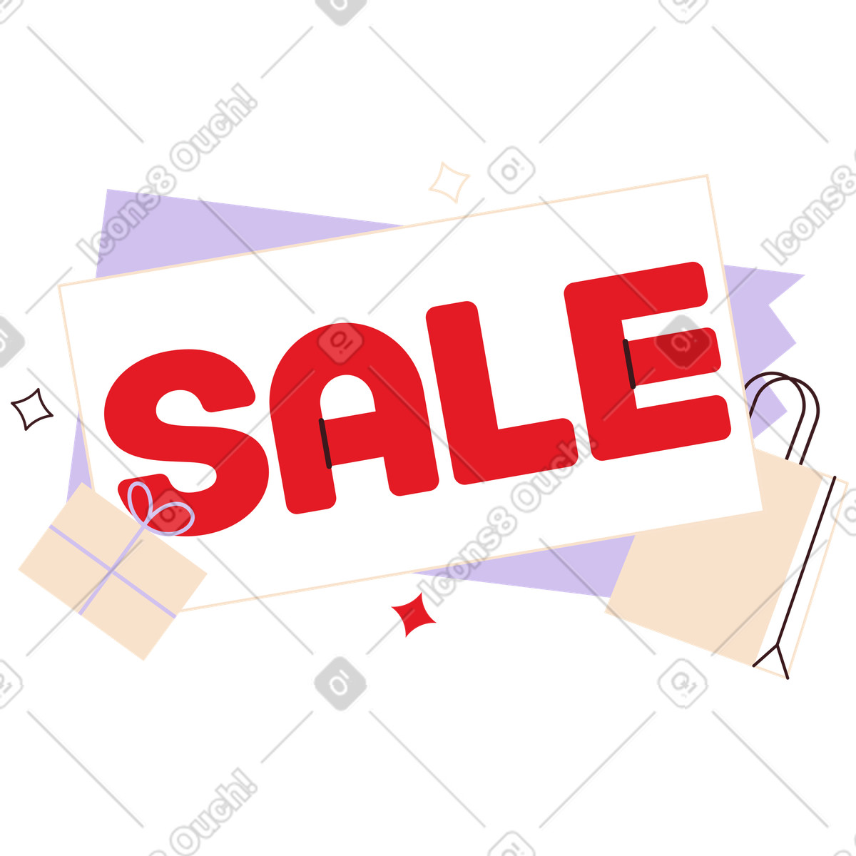 Sale sign with wrapped present and shopping bag, Retail marketing discount illustrazione in stile Folks scarica in PNG, SVG