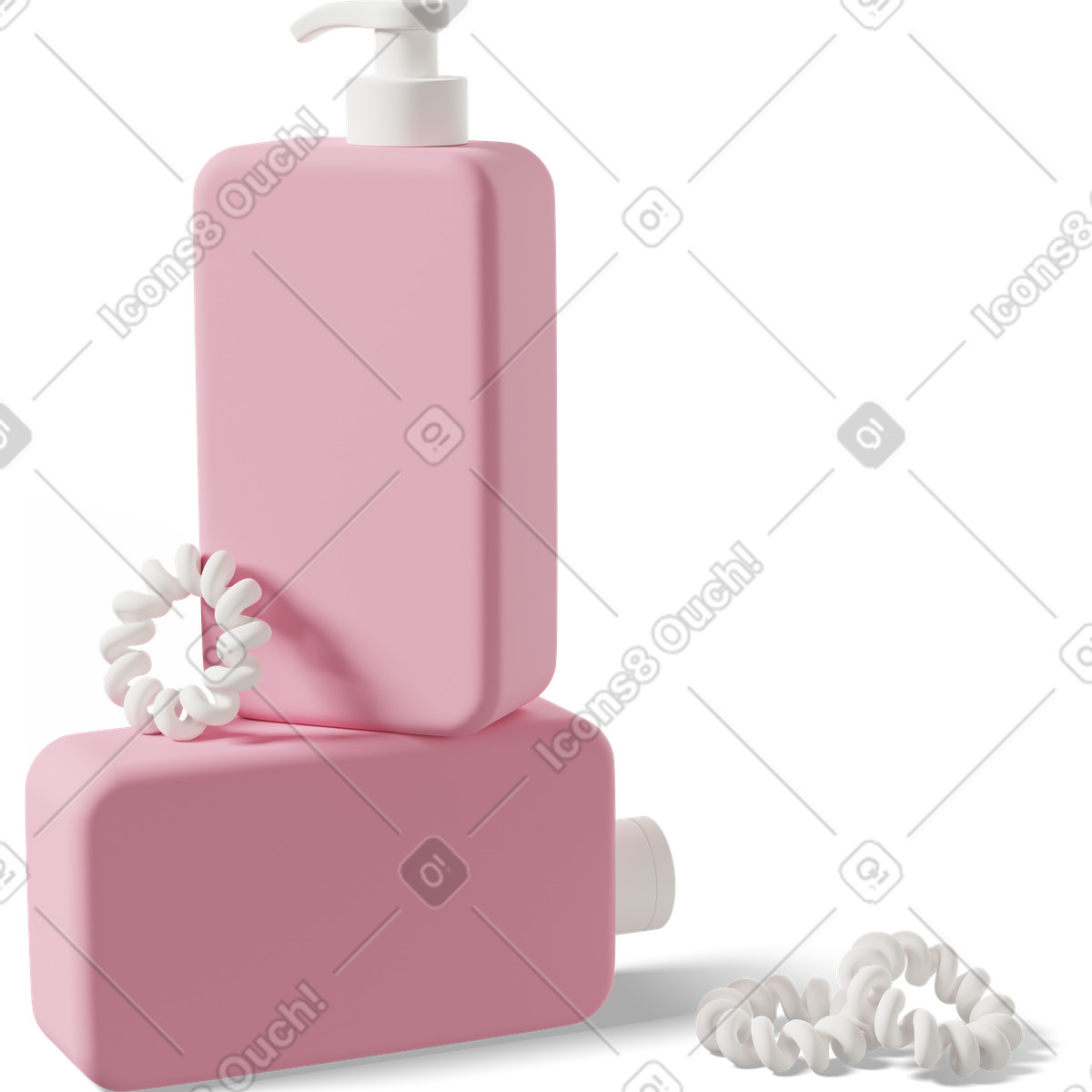 Illustration Pink shampoo bottles and hairties dans le style 3D Casual life à télécharger aux formats PNG, SVG