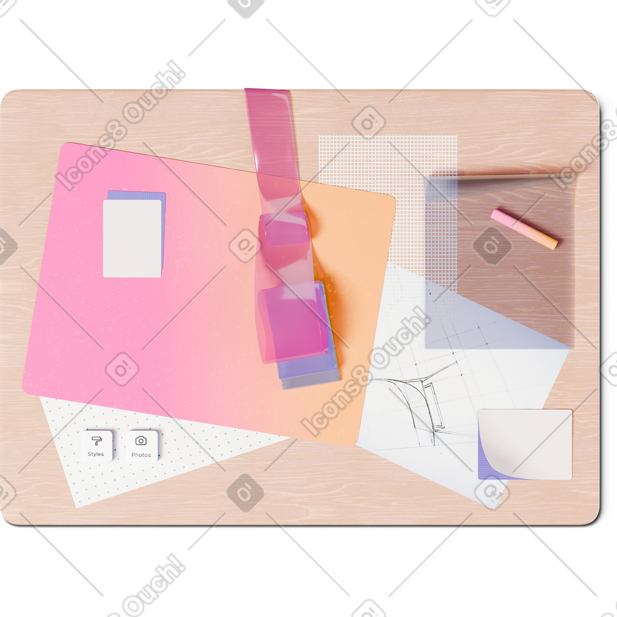 下载 3D Hygge 风格的 带纸张和丝带的桌子的顶视图 插画，支持 PNG、SVG 格式