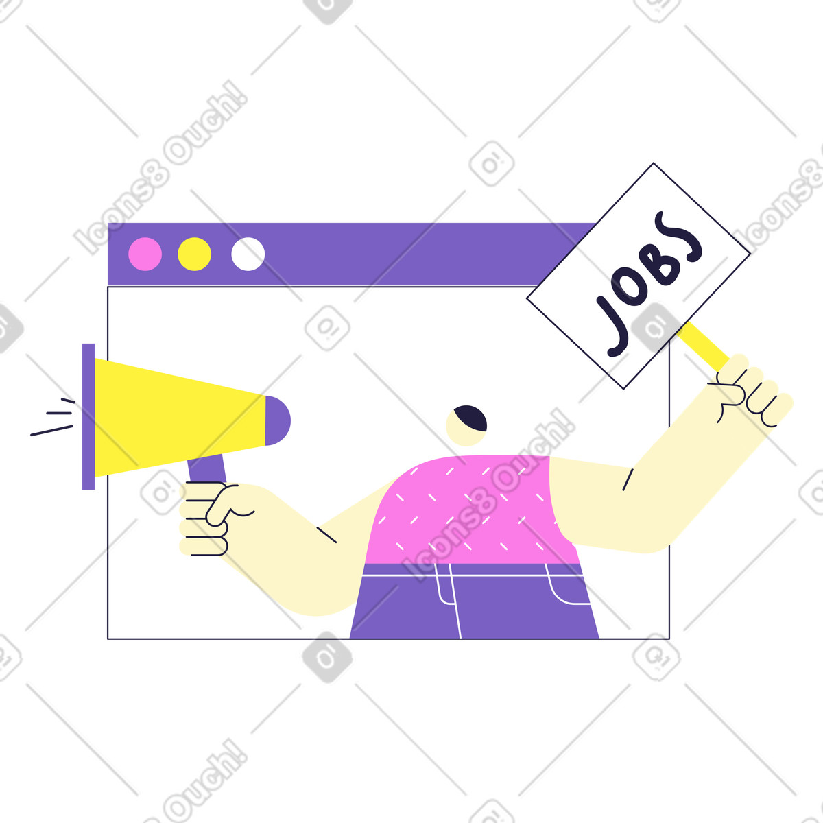 Mann mit lautsprecher im browserfenster sucht mitarbeiter online-Illustration Mellow-Stil als Download in PNG, SVG