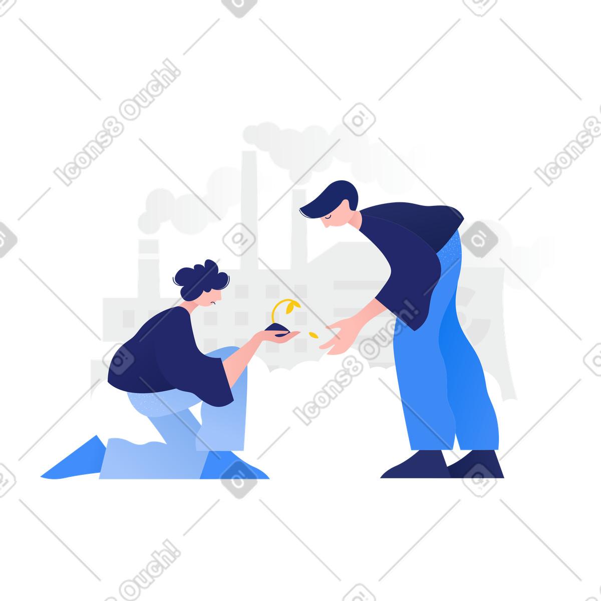 Two greenpeace volunteers looking at polluted soil illustration in Clip style download in PNG, SVG