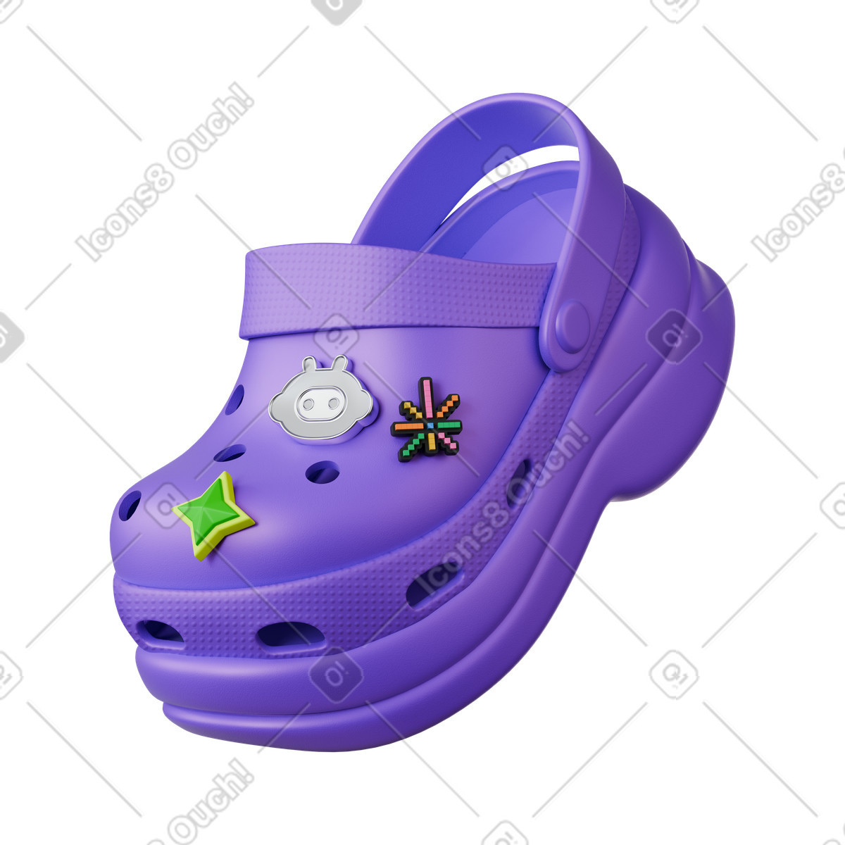 Illustration Purple Crocs shoe with decorations dans le style 3D Stickle à télécharger aux formats PNG, SVG