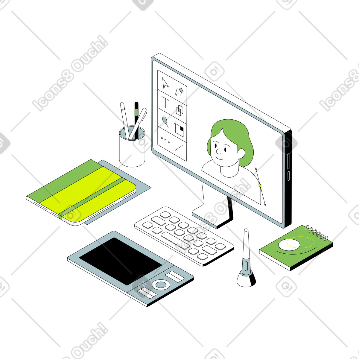 Computer e tavoletta grafica per un artista digitale illustrazione in stile Isometric scarica in PNG, SVG