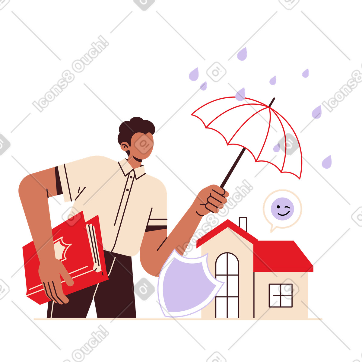 Agent protecting house from rain, Real estate protection and risk prevention illustration in Folks style download in PNG, SVG