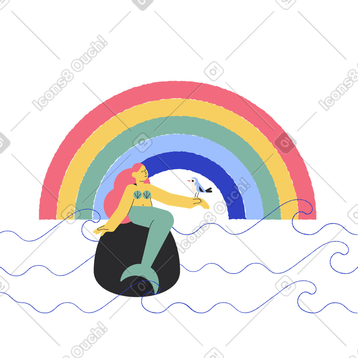 Pablo スタイルの 虹の背景に人魚 のイラストをPNG、SVG形式でダウンロード